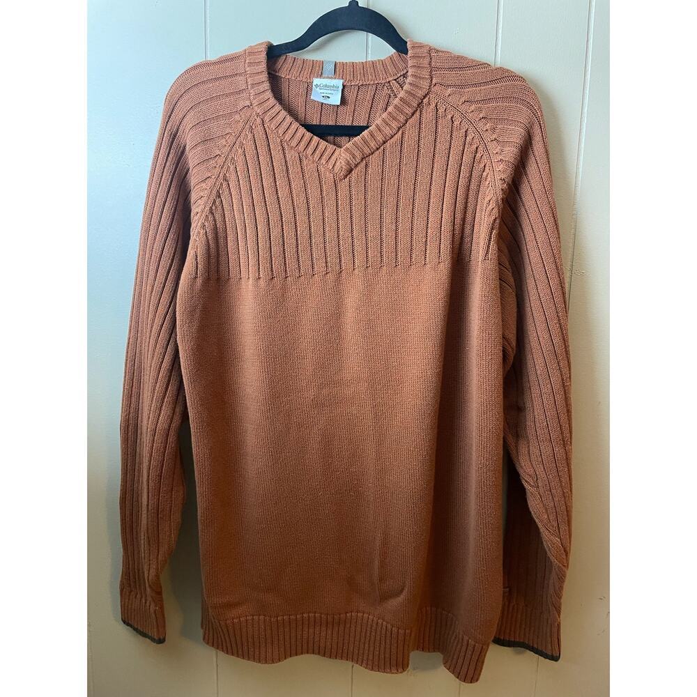 Columbia Men's Cable Knit Cotton Sweater | Sz: XL|‎ Rust Orange V-Neck Sweater